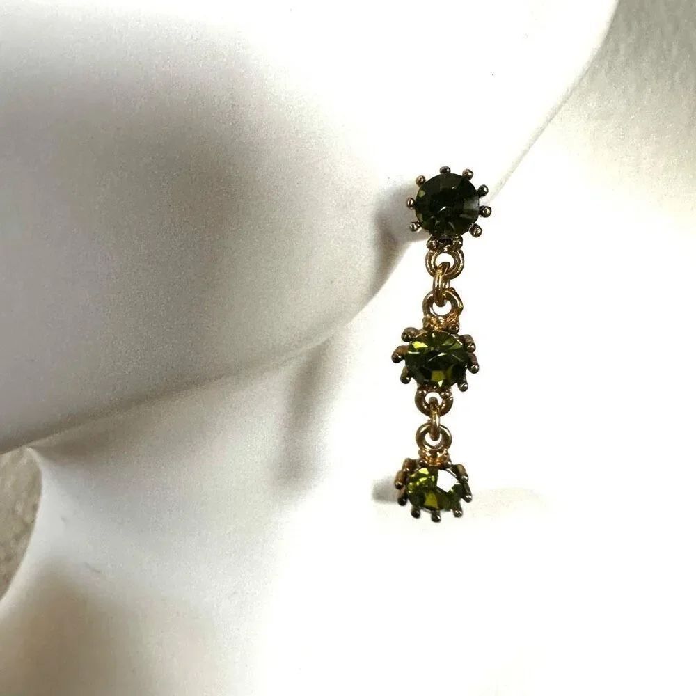 Gold tone green rhinestone drop earrings